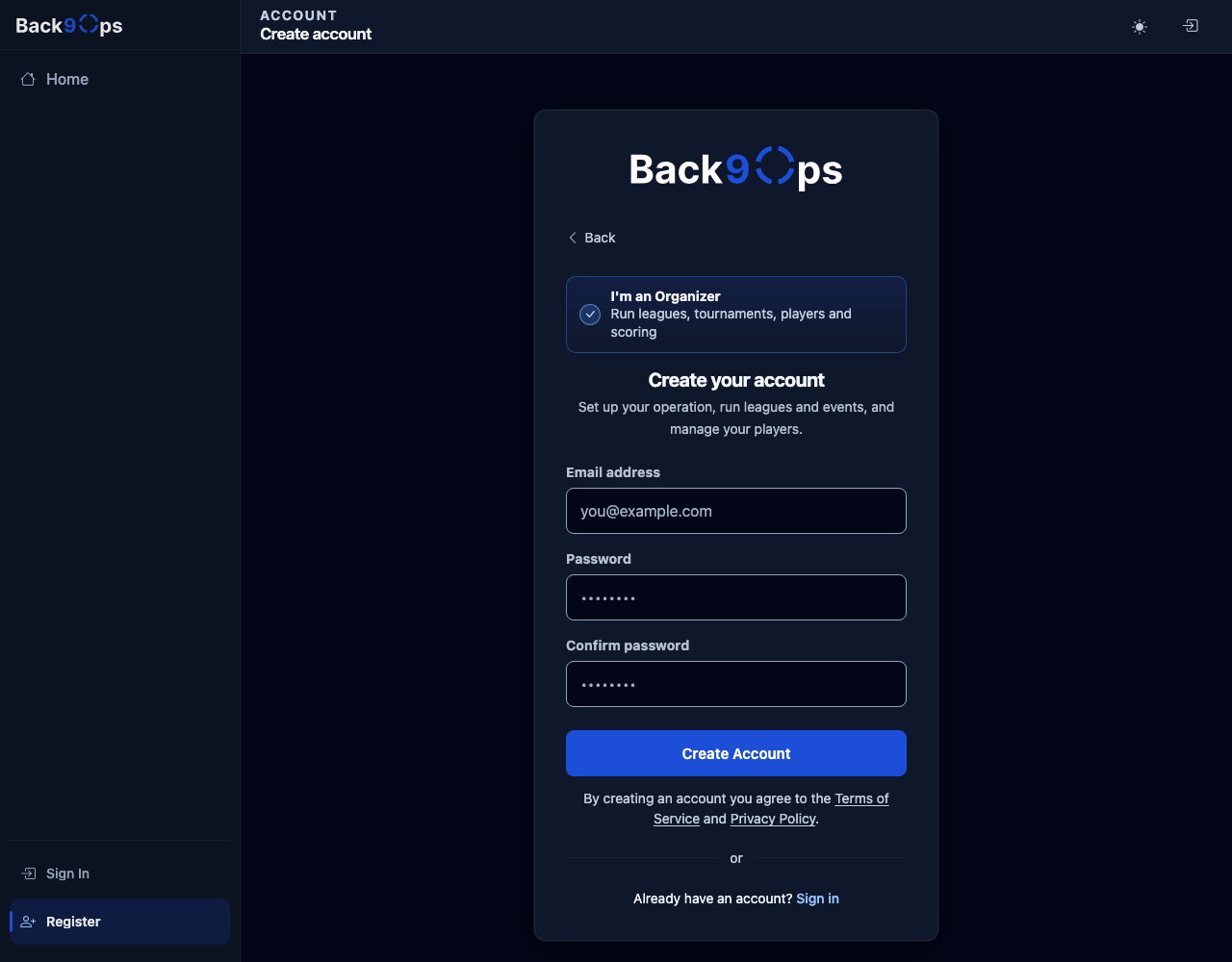 The create-account form with Email address, Password and Confirm password boxes and a Create Account button.