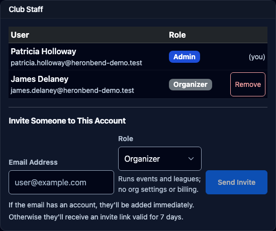 The Club Staff box with two rows, an Admin marked (you) and an Organizer with a Remove button, and below it the invite form with an Email Address box, a Role choice set to Organizer, and a Send Invite button.