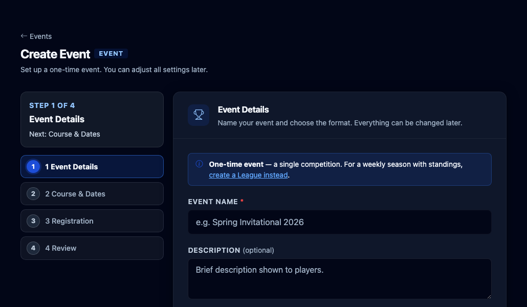 Step 1 of the Create Event wizard: Event Details, with the four steps listed on the left.