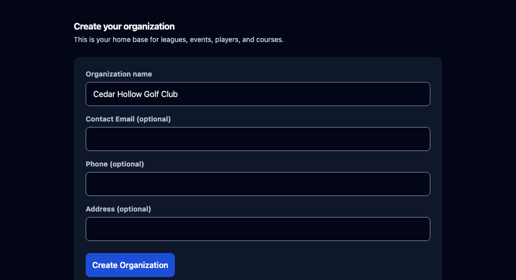 The Create your organization form with Organization name filled in and three optional boxes below it.