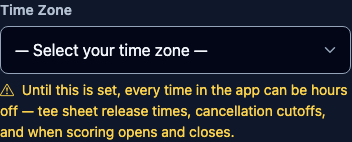 The Time Zone box showing Select your time zone, with the warning underneath.
