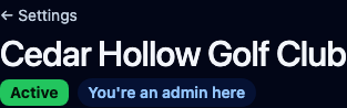 The top of the club page: the name Cedar Hollow Golf Club with an Active label and You're an admin here.
